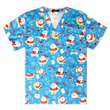 Colorful women's nurse scrubs featuring Santa Claus and festive prints on a blue background, perfect for medical professionals.