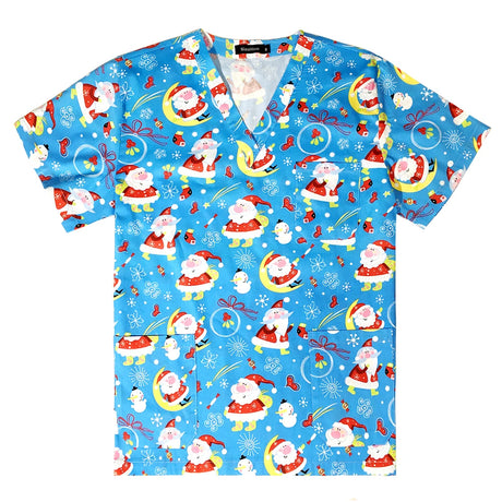 Colorful women's nurse scrubs featuring Santa Claus and festive prints on a blue background, perfect for medical professionals.