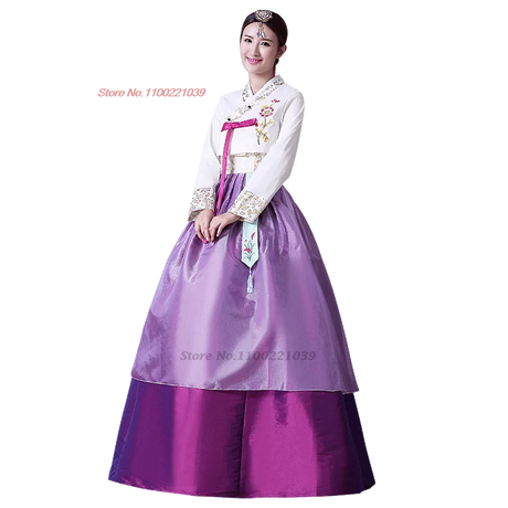 2025 Korean Hanbok Dress in purple and white, featuring floral embellishments, perfect for traditional celebrations.
