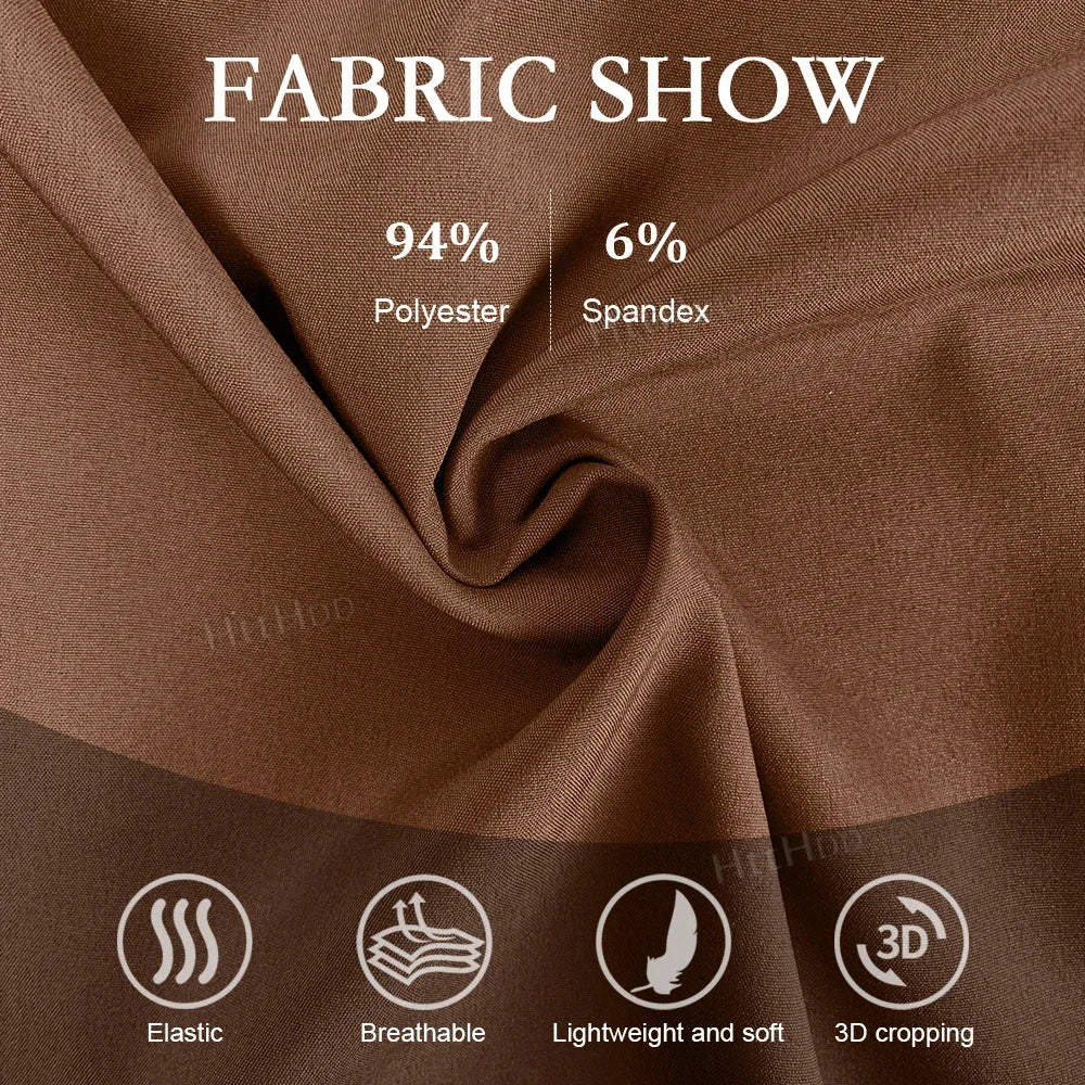 Fabric composition showing 94% polyester and 6% spandex, featuring breathable, elastic, and lightweight qualities.
