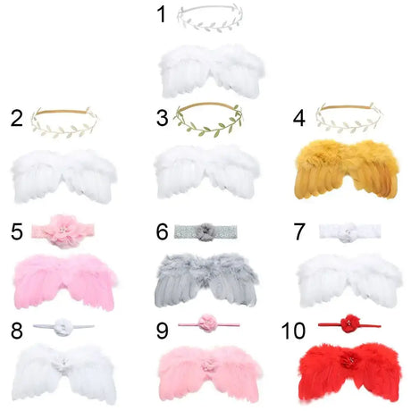 Cute newborn angel wings and headbands for baby girls, featuring various colors and designs, perfect for photoshoots.