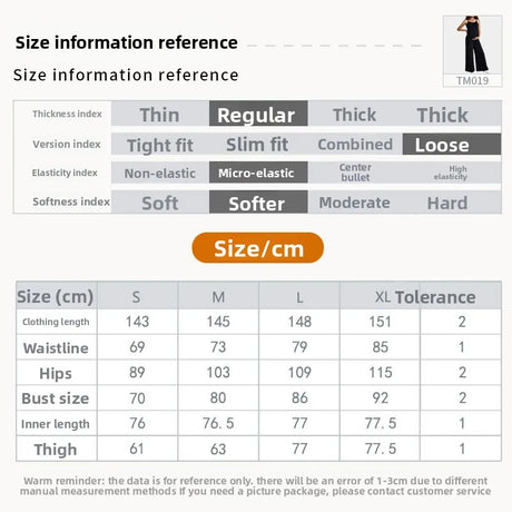 Size information chart for Sleeveless High Waist Maternity Jumpsuit including dimensions for S, M, XL in centimeters.