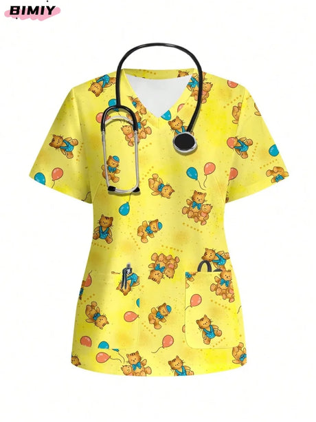 Yellow cartoon scrub top with playful bear and balloon design, featuring a V-neck and pocket, ideal for nursing professionals.