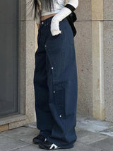 Women Low-Waist Rivet Wide Jeans