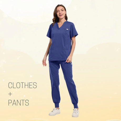 Model wearing a blue short sleeve scrub top and matching pants, ideal for medical and beauty professionals.