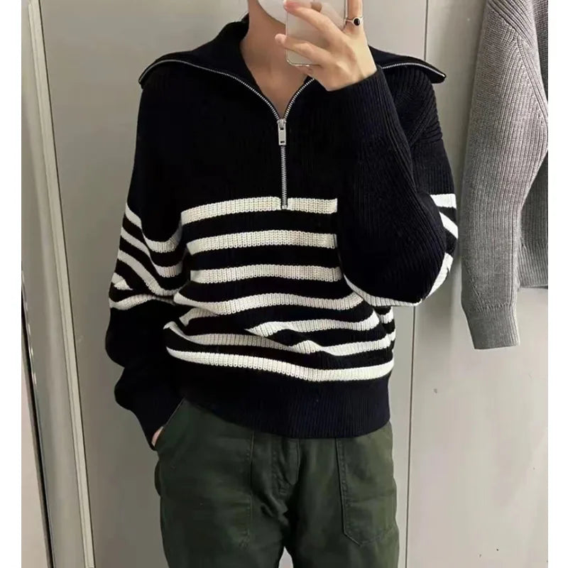 Women's Half Zipper Striped Sweater