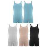 Four sleeveless ribbed maternity jumpsuits in blue, gray, beige, and black, perfect for summer casual wear.