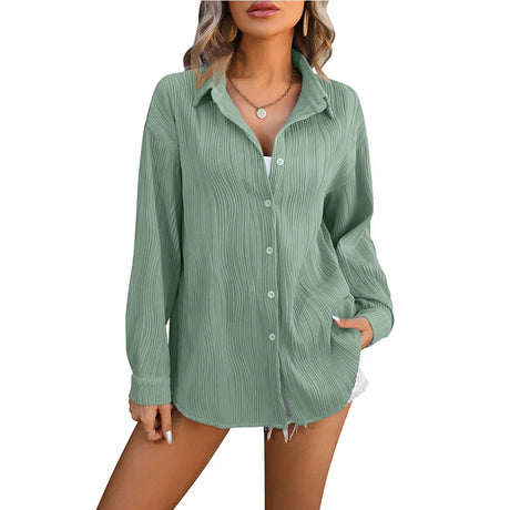 HarajukuMuse women's green streetwear blouse with long sleeves and turn-down collar, perfect for spring and autumn.