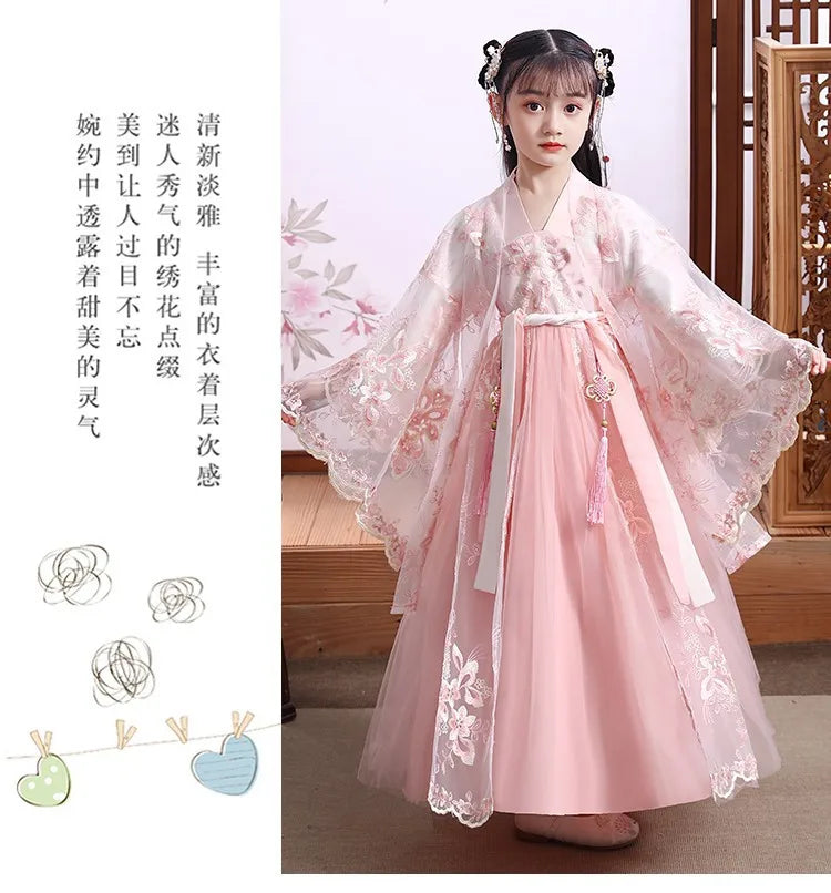 Modern fairy hanfu girls cosplay dress in pink with floral designs, ideal for kids' costume parties and cultural celebrations.