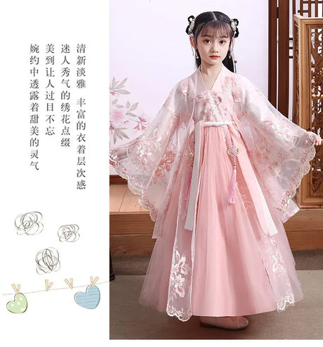 Modern fairy hanfu girls cosplay dress in pink with floral designs, ideal for kids' costume parties and cultural celebrations.
