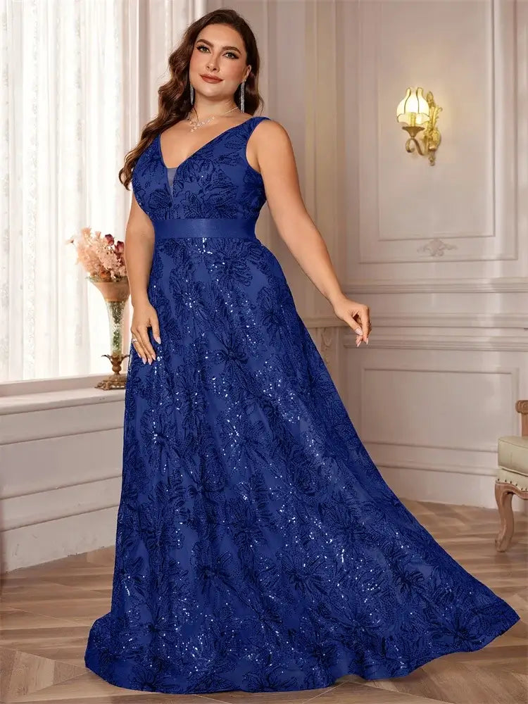 Women Plus Size V-Back Sequin Evening Cocktail Dress