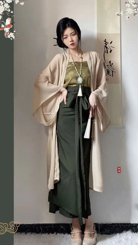 Elegant woman wearing Princess Song Dynasty Hanfu, a 3-piece robe featuring beige and green hues.