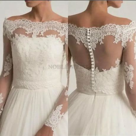 Lace off shoulder bridal jacket with long sleeves and intricate appliqued design, showcasing front and back views.