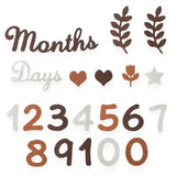 Soft felt baby milestone cards featuring numbers, leaves, hearts, and days for 0-12 months.