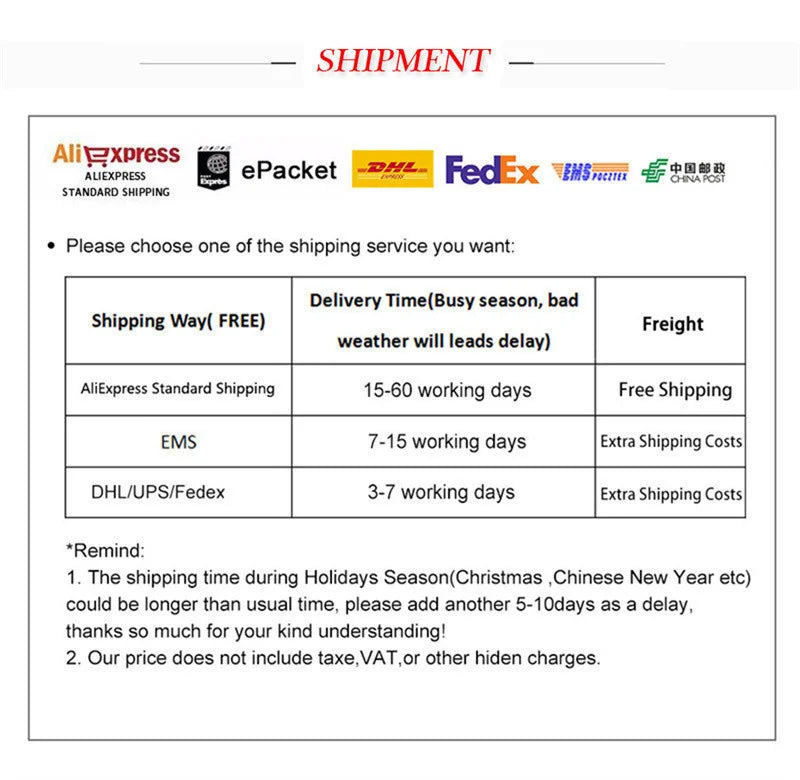 Shipping options for orders including delivery times and costs for AliExpress and express services.