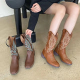 Women Mid Calf Boots Rose Embroidery Leather