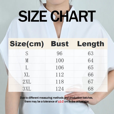 Size chart for FlareFemme™ V-Neck Summer Blouse with measurements for S to 3XL in centimeters.