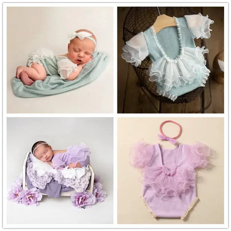 Collage of newborn photography props featuring soft cotton outfits and accessories in pastel colors.