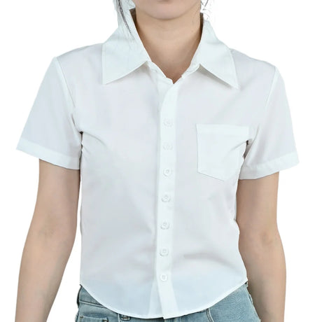 LapelCurve™ Slim Fit Professional Short Sleeve Shirt for Women, stylish white blouse with turn-down collar and pocket.