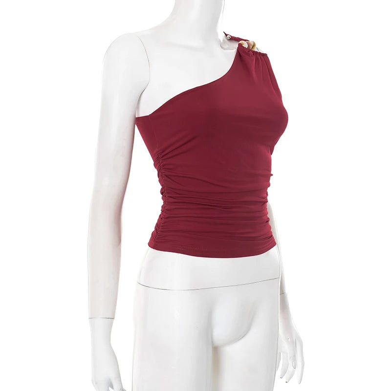 One-Shoulder Beaded Ruched Tank Top