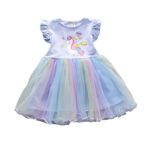 Blue unicorn party dress with colorful tulle skirt for baby girls ages 1-3, perfect for summer celebrations.