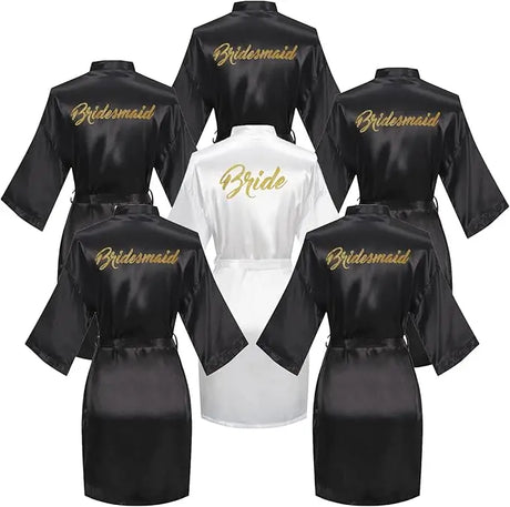 6-piece satin robe set featuring 'Bride' and 'Bridesmaid' designs in elegant black and white fabric.