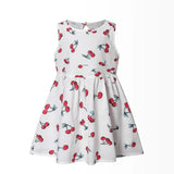 2025 Spring Summer girl vest dress with cherry pattern, sleeveless design, above knee length, made from cotton and linen.