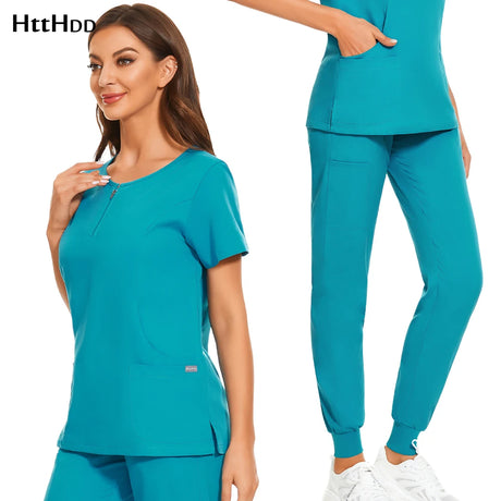 7-Color Nursing Work Uniform featuring a zipper v-neck top and matching pants in turquoise, ideal for beauty salons and healthcare.