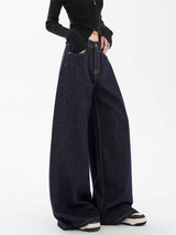 CoolGlide™ – Solid Baggy Denim Pants (Straight Fit, Deep Blue Wide Leg)