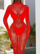 Women Lace Fishnet Long Sleeve Jumpsuit