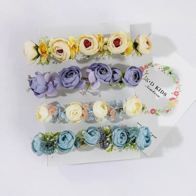 Adjustable faux flower headbands for newborn photography, featuring soft pastel colors, ideal for baby girls aged 0-6 months.