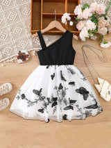 Toddler girl summer dress, asymmetrical black and white with butterfly print, knee-length, suitable for ages 1-8.