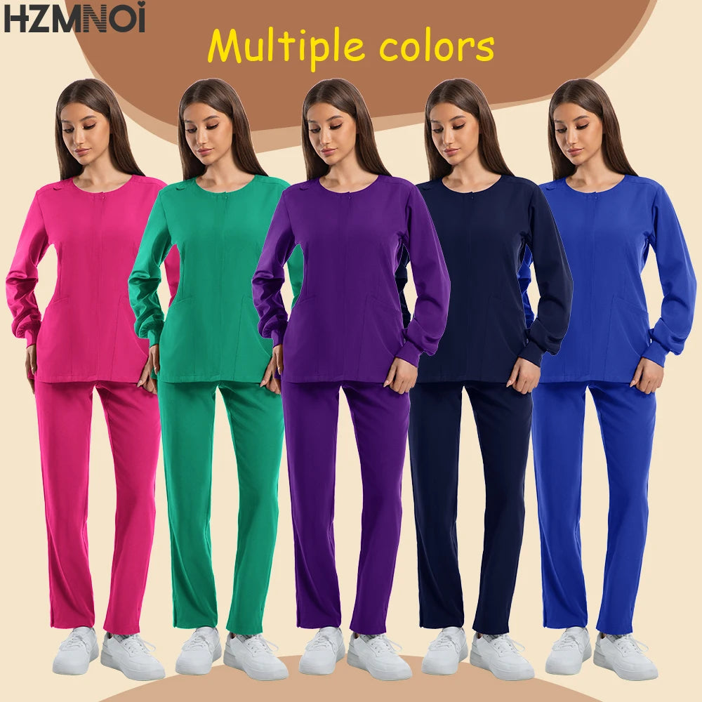 Women’s long sleeve medical scrubs in multiple colors: pink, green, purple, navy, blue for hospital or clinic wear.