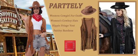 Cowgirl outfit featuring western cowboy hat and fringe vest with bandana, perfect for a country-themed event.