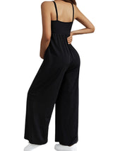 Back view of a sleeveless high waist maternity jumpsuit in solid black, designed for comfort and style during pregnancy.