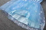 Light blue girls summer dress with flying sleeves, featuring snowflake details and a knee-length tulle skirt.