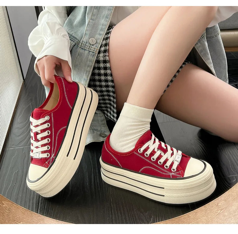 Women Canvas Shoes Black White Platform Sneakers