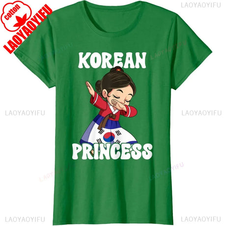 Green Korean Princess cotton t-shirt featuring a cartoon design, perfect for women who love vintage style. Quality cotton material.