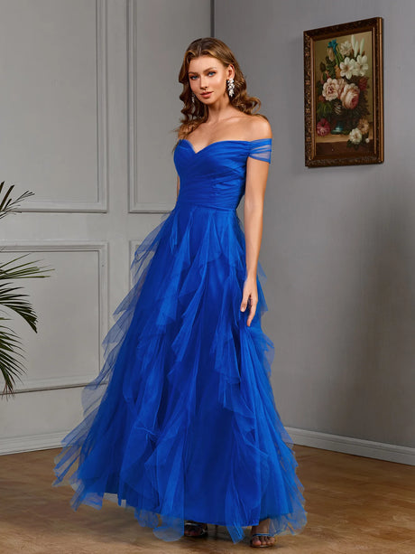 Elegant off-the-shoulder blue gown with layered tulle for formal occasions and evening events.
