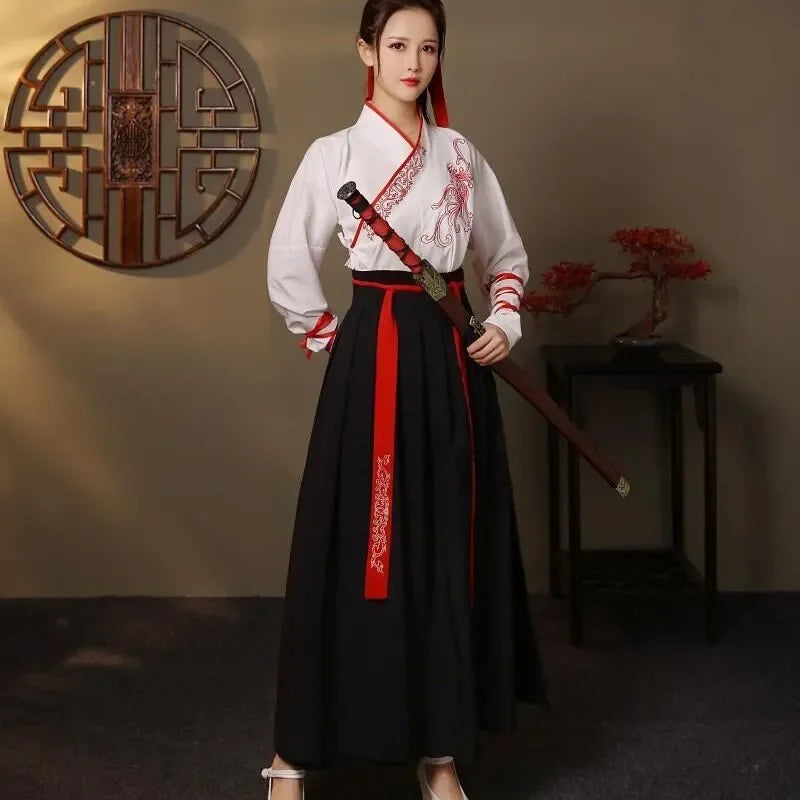 Elegant Streetwear Casual Chinese Hanfu Dress featuring red and white accents, perfect for traditional and modern styles.