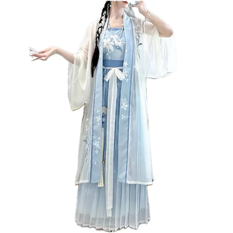 Plus size light-blue Hanfu dress with embroidery, perfect for vintage style and cosplay, suitable for Halloween.