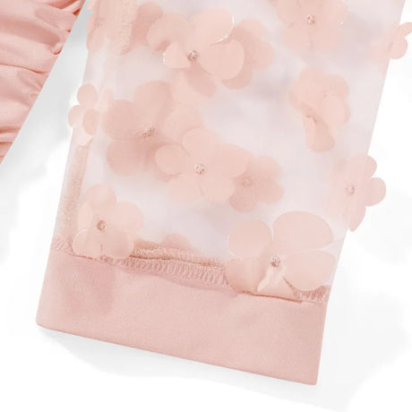 Close-up of the Vintage Mesh Floral Maternity Gown featuring delicate pink floral embellishments.