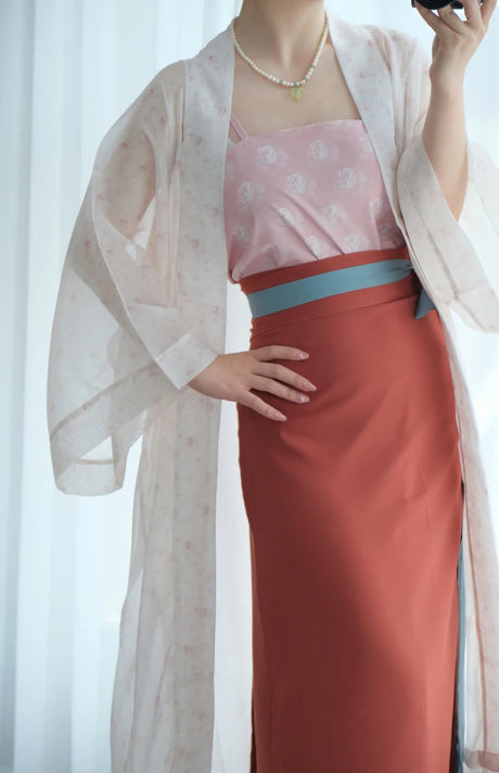 Song Dynasty Hanfu outfit featuring a pink top, rust skirt, and a sheer kimono-style robe, ideal for women.