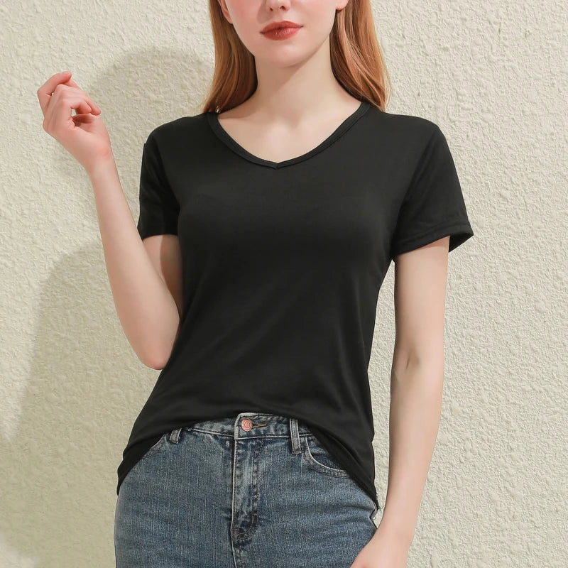 Slim Fit Cotton V-Neck Tee for women in black, ideal for summer with a comfortable and breathable design.