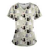Cute surgical cat print scrubs for women, perfect for vet nurses and medical professionals.
