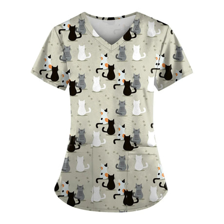 Cute surgical cat print scrubs for women, perfect for vet nurses and medical professionals.