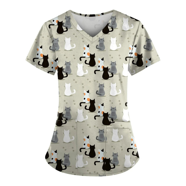 Cute surgical cat print scrubs for women, perfect for vet nurses and medical professionals.