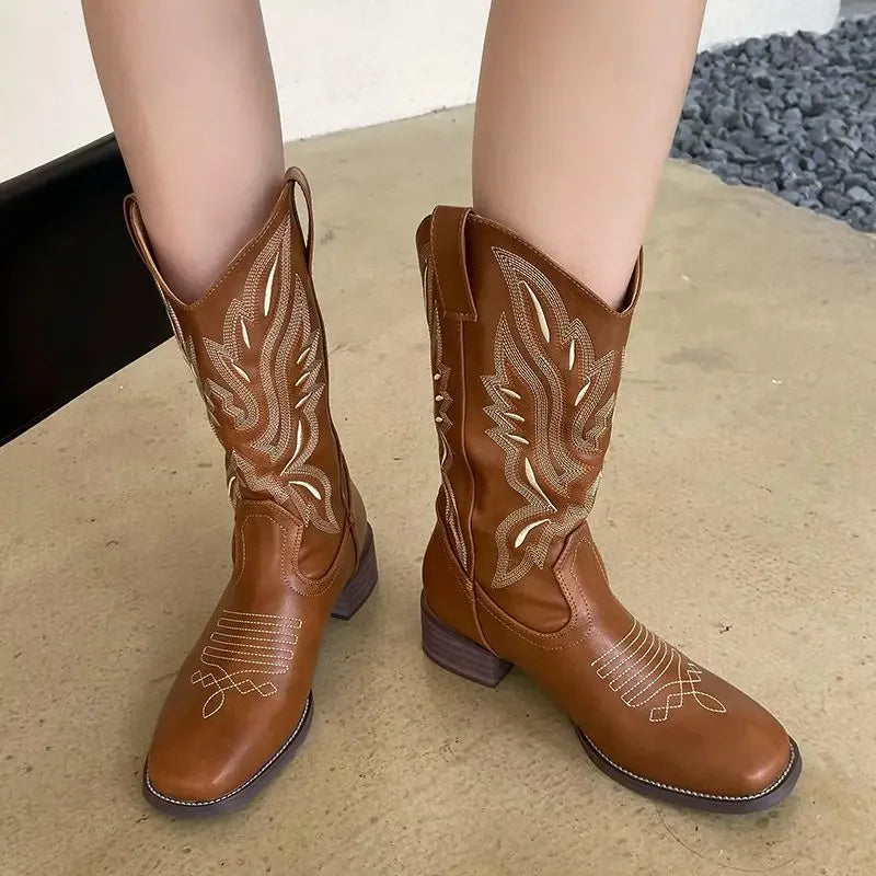 Women Mid Calf Boots Rose Embroidery Leather