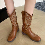 Women Mid Calf Boots Rose Embroidery Leather