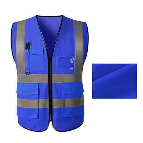 Unisex multi-pocket safety vest in blue with reflective stripes, made of breathable polyester for utility and safety.
